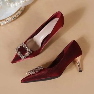 red rhinestones bridal shoes pointed single shoes female